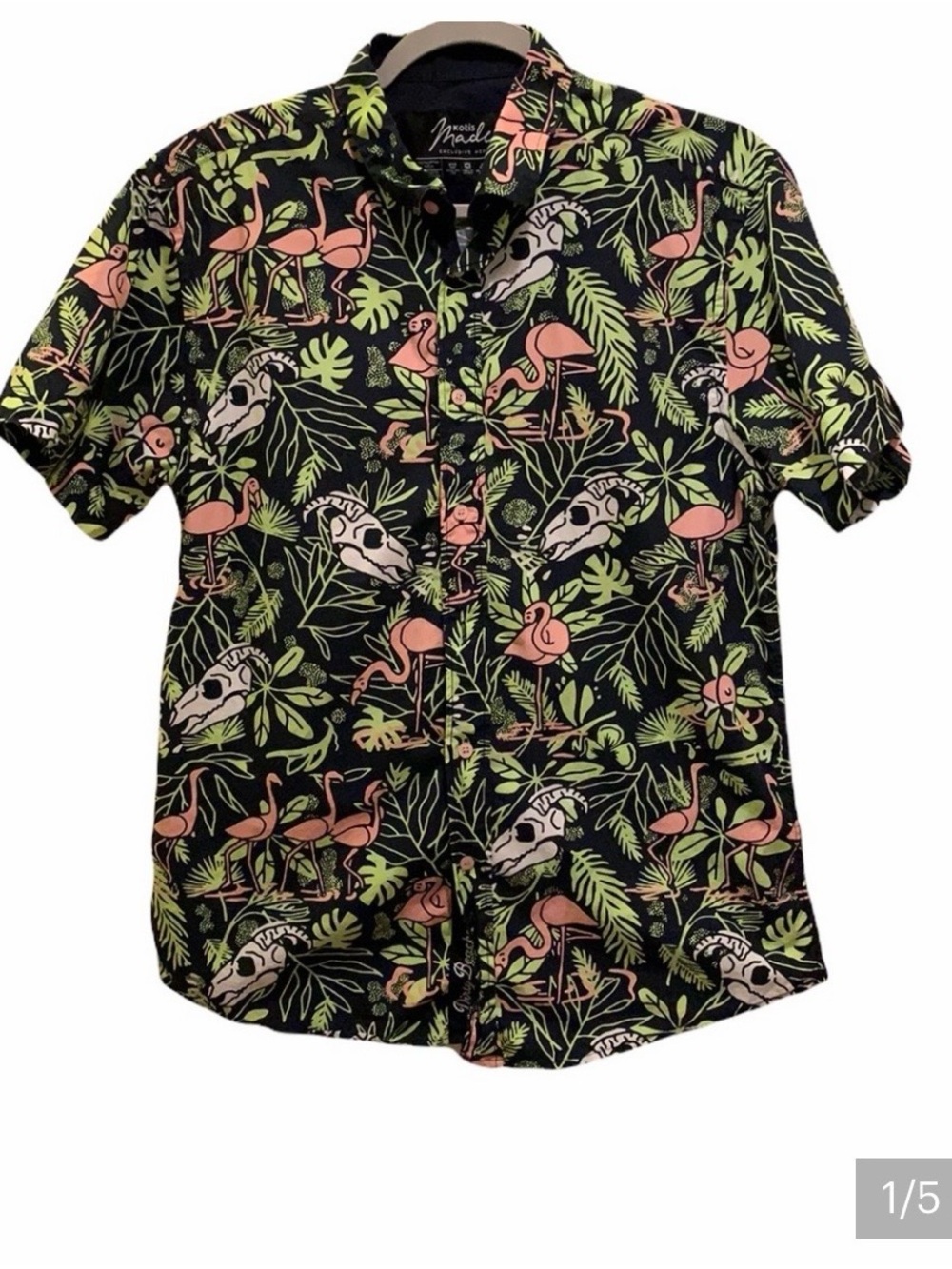 Men's Tropical Flamingo Print Short Sleeve Shirt - Black/Pink